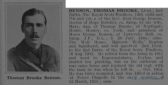 Benson T B Lt 2nd Royal Scots Fusiliers Obit