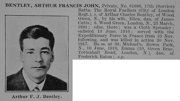 Bentley A F J Pte 17th Royal Fusiliers Obit