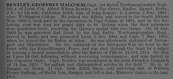 Bentley G M Captain 1st Northamptonshire Regiment Obit