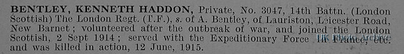 Bentley K H Pte 3047 14th London Regiment Obit