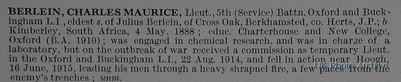 Berlein C M Lt 5th Oxford And Bucks Light Infantry Obit