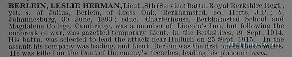 Berlein L H Lt 8th Royal Berkshire Regiment Obit