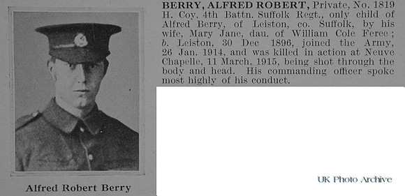 Berry A R Pte 1819 4th Suffolk Regiment Obit