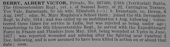 Berry A V Pte 6th Gloucestershire Regiment Obit
