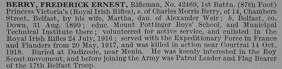 Berry F E Rfn 1st Royal Irish Rifles Obit