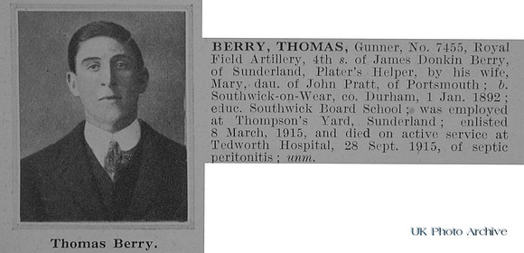 Berry T Gnr 7455 Royal Field Artillery Obit