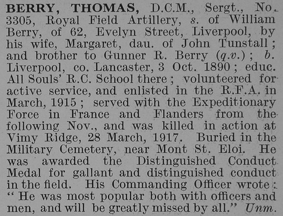 Berry T Sergt DCM Royal Field Artillery Obit