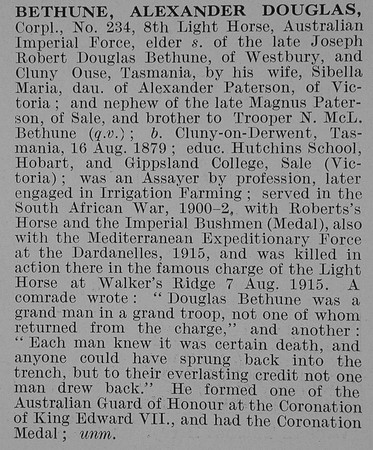 Bethune A D Cpl Australian Imperial Force Obit