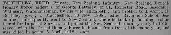 Betteley F Pte New Zealand Expeditionary Force Obit