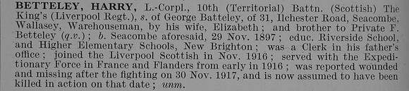 Betteley H LCpl 10th Kings Liverpool Regiment Obit