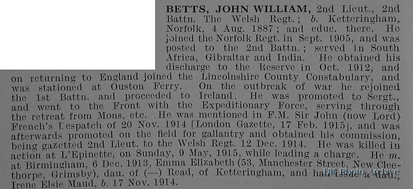 Betts J W 2nd Lt 2nd Welsh Regiment Obit