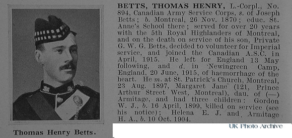 Betts T H LCpl 894 Canadian Army Service Corps Obit