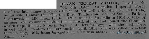 Bevan E V Pte 744 6th Australian Imperial Force Obit