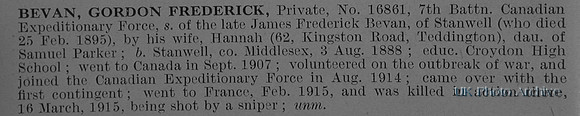 Bevan G F  Pte 16861 7th Canadian Expeditionary Force Obit