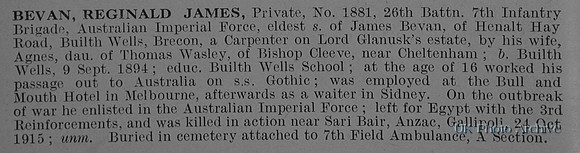 Bevan R J Pte 1881 26th Australian Imperial Force Obit
