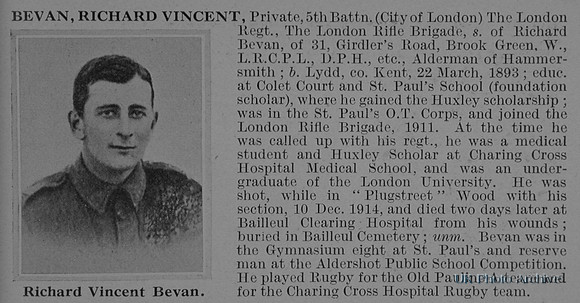 Bevan R V Pte 9291 5th London Regiment Obit