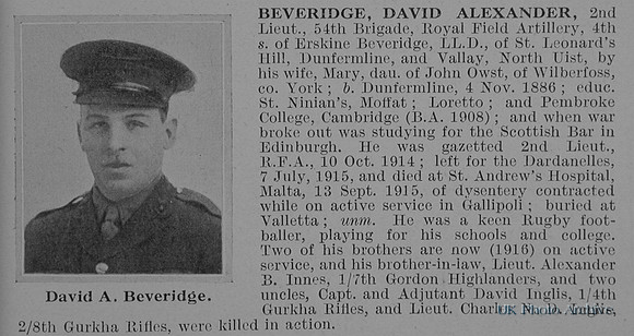 Beveridge D A 2nd Lt Royal Field Artillery Obit