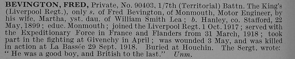 Bevington F Pte 7th Kings Liverpool Regiment Obit
