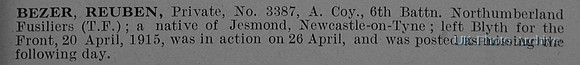 Bezer R Pte 3387 6th Northumberland Fusiliers Obit