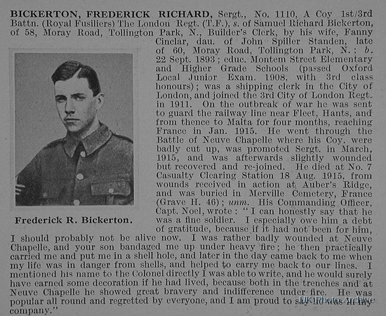 Bickerton F R Sergt 1110 3rd Royal Fusiliers Obit