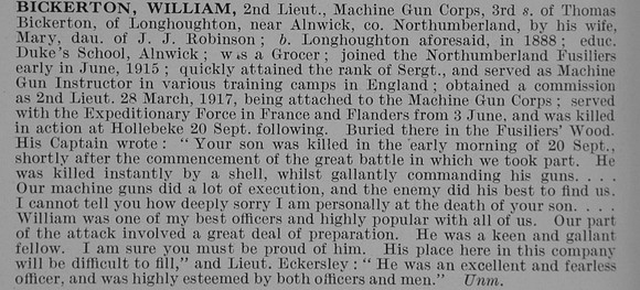 Bickerton W 2nd Lt Machine Gun Corps Obit