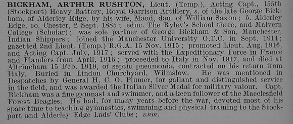 Bickham A R Lt Royal Garrison Artillery Obit