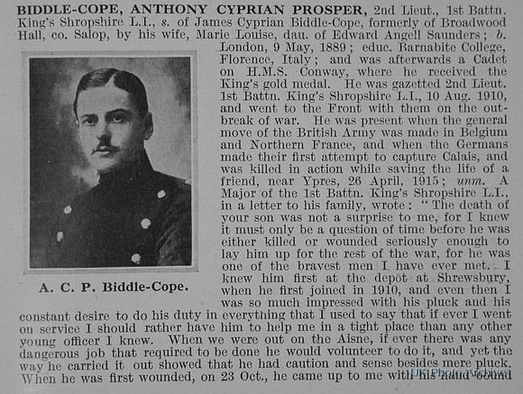 Biddle-Cope A C P 2nd Lt 1st Shropshire Light Infantry Obit Part 1