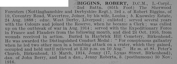 Biggins R L/Cpl DCM  2nd Notts And Derby Regiment Obit