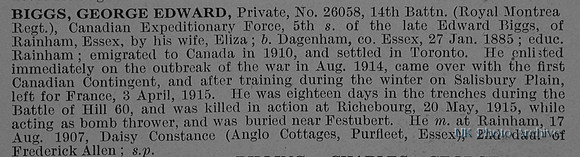 Biggs G E Pte 26058 14th Canadian Infantry Obit