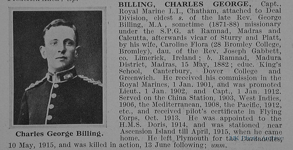 Billing C G Captain Deal Bn RNDiv Royal Marine Light Infantry Obit