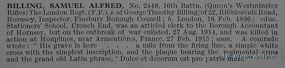 Billing S A Rfn 2449 16th London Regiment Obit