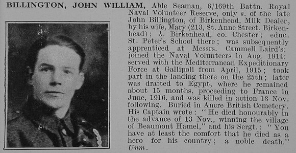 Billington J W AB J/78942 Nelson Btn Royal Naval Volunteer Reserve Obit