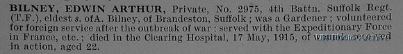 Bilney E A Pte 2975 4th Suffolk Regiment Obit