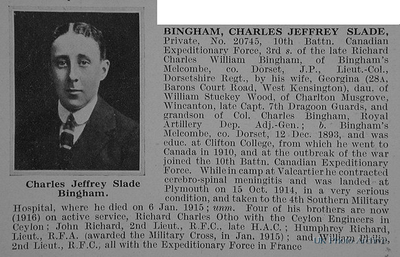 Bingham C J S Pte 20745 10th Canadian Infantry Obit