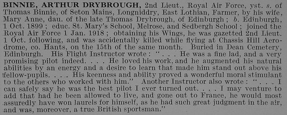 Binnie A D 2nd Lt Royal Air Force Obit