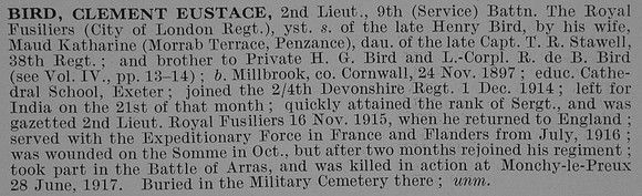 Bird C E 2nd Lt 9th Royal Fusiliers Obit