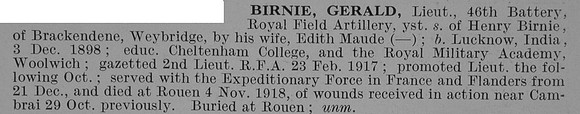 Birnie G Lt Royal Field Artillery Obit
