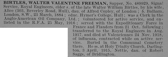 Birtles W V F Sapper Royal Engineers Obit
