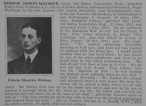 Bishop E M Lt 3rd Dorset Regiment Attd 2nd Kings Own Yorkshire Light Infantry Obit