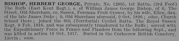 Bishop H G Pte 1st East Kent Regiment Obit
