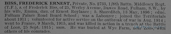 Biss F E Pte 2733 8th Middlesex Regiment Obit