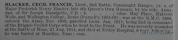 Blacker C F Lt 2nd Connaught Rangers Obit