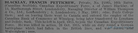 Blacklay F P Pte 21065 16th Canadian Infantry Obit