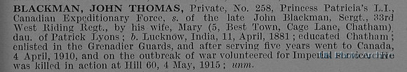 Blackman J T Pte 258 Princess Patricias Canadian Light Infantry Obit