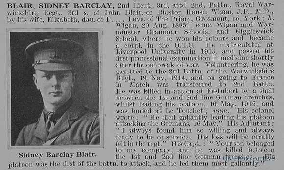 Blair S B 2nd Lt 2nd Royal Warwickshire Regiment Obit