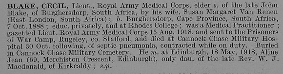 Blake C Lt Royal Army Medical Corps Obit