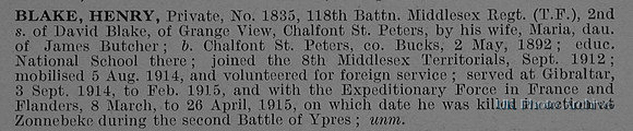 Blake H Pte 1835 8th Middlesex Regiment Obit