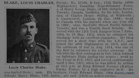 Blake L C Pte 27168 15th Canadian Infantry Obit