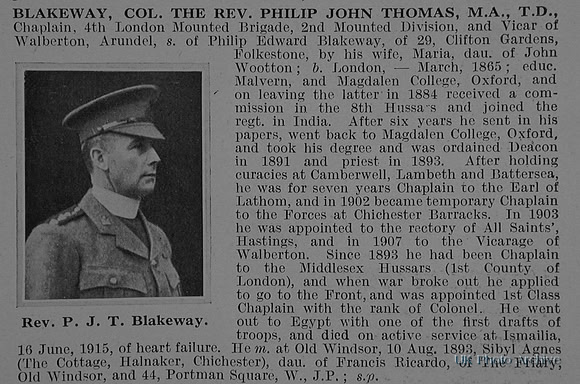 Blakeway P J T Col The Rev Chaplain Attd to Middlesex Hussars Obit