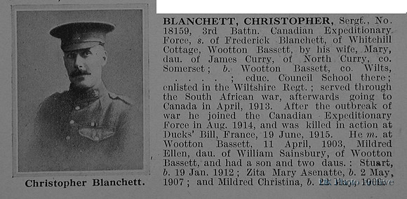 Blanchett C Sergt 18159 3rd Canadian Infantry Obit
